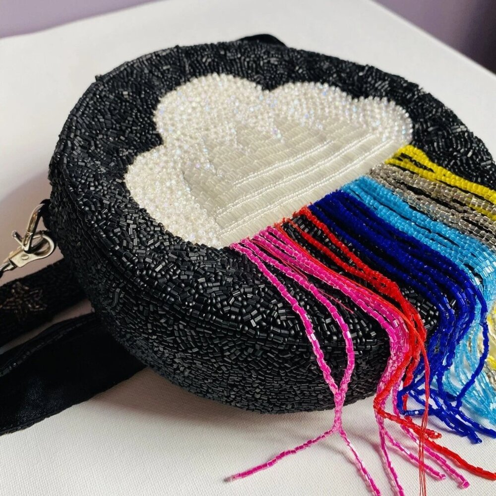 Black Metallic Rainbow Iridescent Cloud Hand Beaded Fringe Shoulder Bag Stars - Picture 6 of 8
